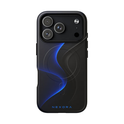 Magnetic Tough Phone Case — Shockproof Gloss Black with Blue Wave Design
