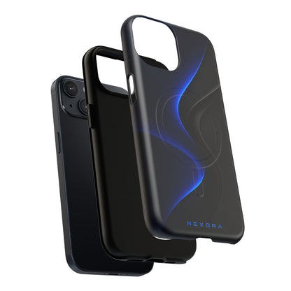 Magnetic Tough Phone Case — Shockproof Gloss Black with Blue Wave Design