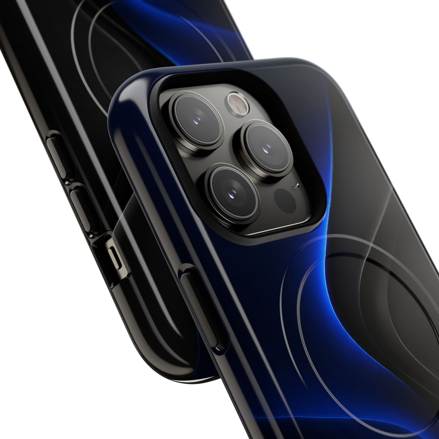 Magnetic Tough Phone Case — Shockproof Gloss Black with Blue Wave Design