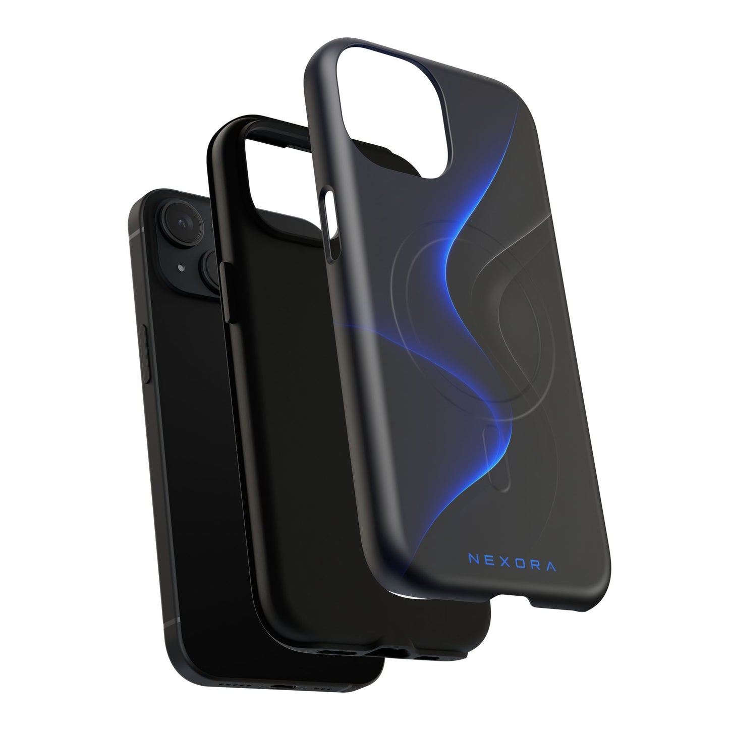 Magnetic Tough Phone Case — Shockproof Gloss Black with Blue Wave Design