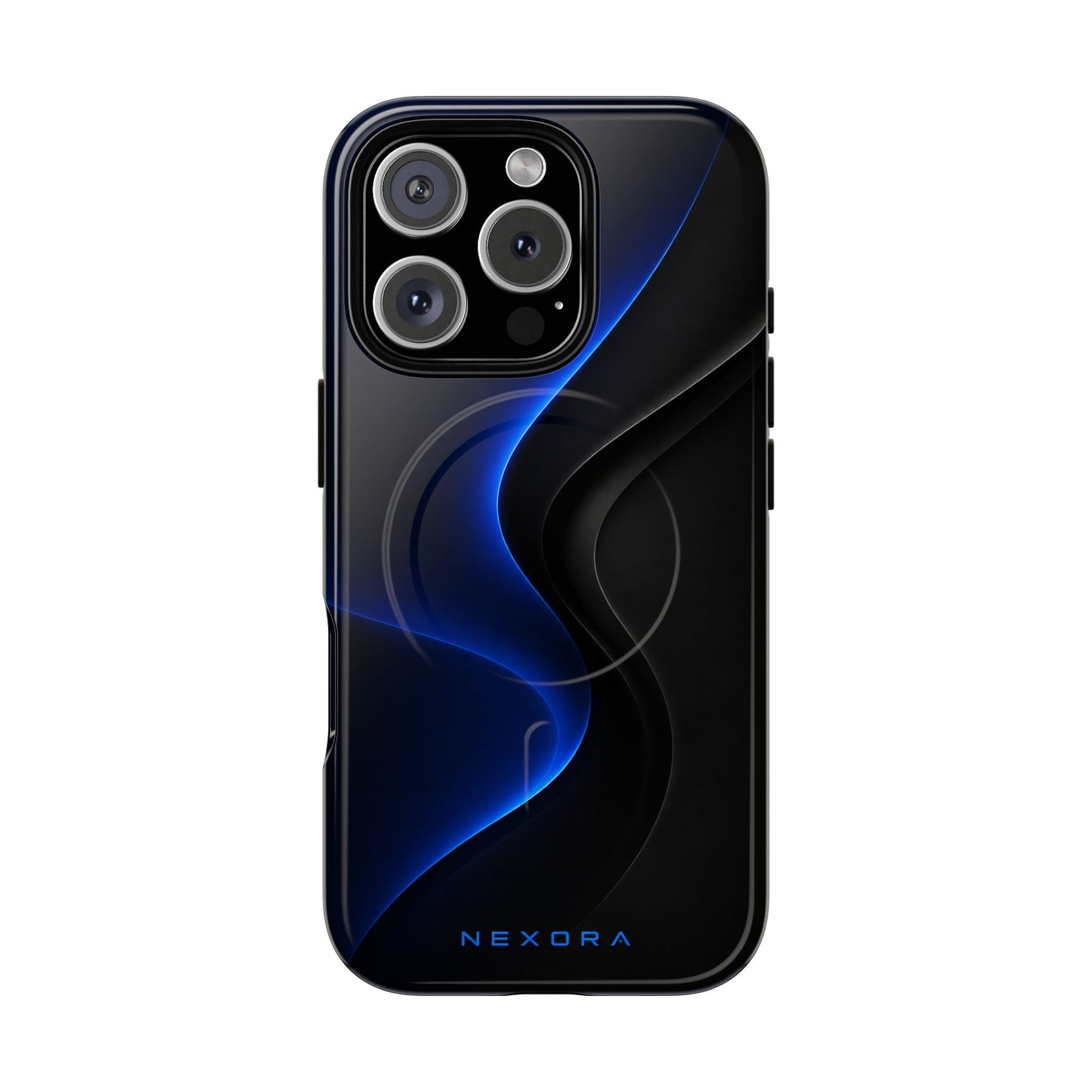 Magnetic Tough Phone Case — Shockproof Gloss Black with Blue Wave Design