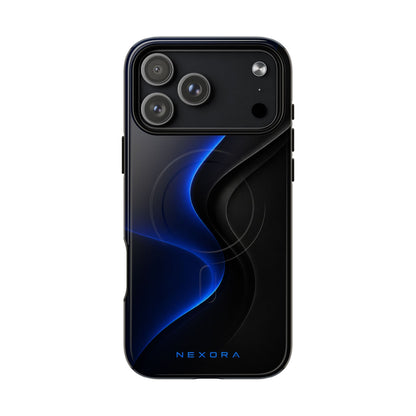 Magnetic Tough Phone Case — Shockproof Gloss Black with Blue Wave Design