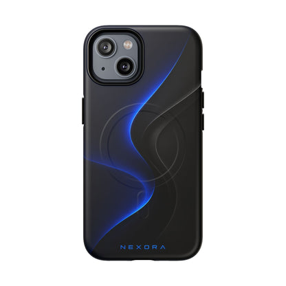 Magnetic Tough Phone Case — Shockproof Gloss Black with Blue Wave Design