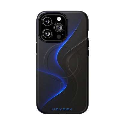 Magnetic Tough Phone Case — Shockproof Gloss Black with Blue Wave Design