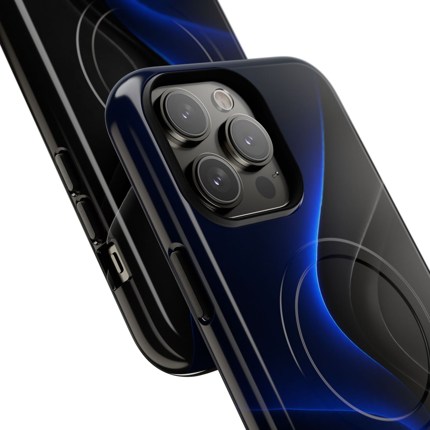 Magnetic Tough Phone Case — Shockproof Gloss Black with Blue Wave Design