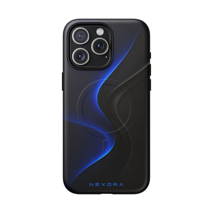 Magnetic Tough Phone Case — Shockproof Gloss Black with Blue Wave Design