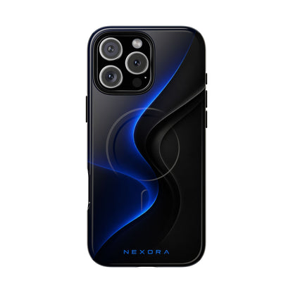 Magnetic Tough Phone Case — Shockproof Gloss Black with Blue Wave Design