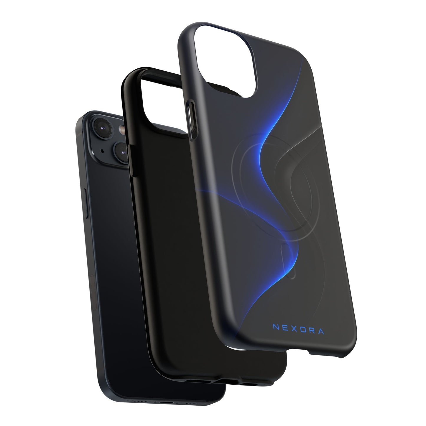 Magnetic Tough Phone Case — Shockproof Gloss Black with Blue Wave Design
