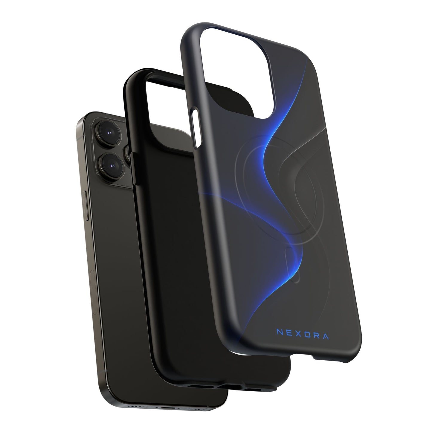 Magnetic Tough Phone Case — Shockproof Gloss Black with Blue Wave Design