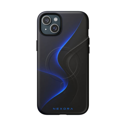 Magnetic Tough Phone Case — Shockproof Gloss Black with Blue Wave Design