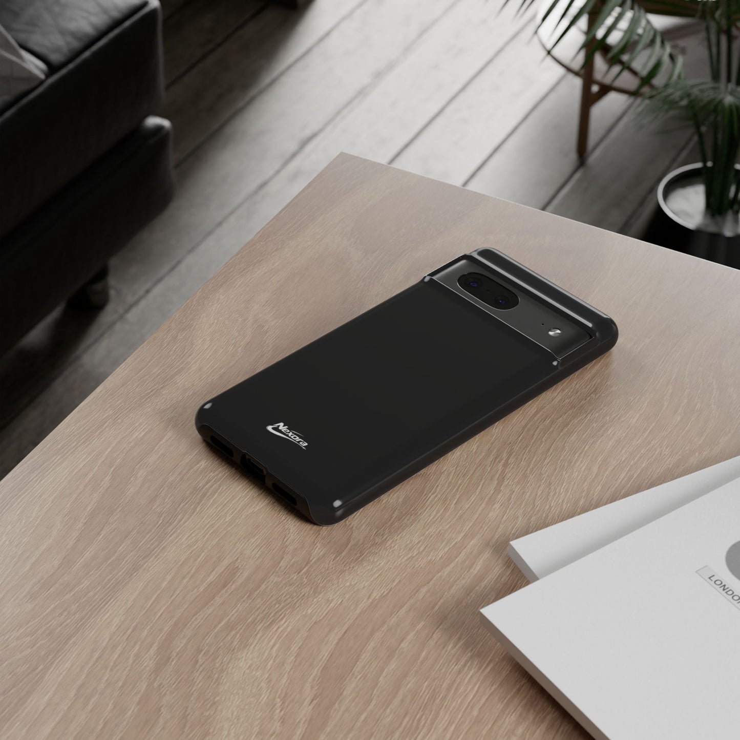 Nexora Black Tough Phone Case – Protective Slim Armor with Logo