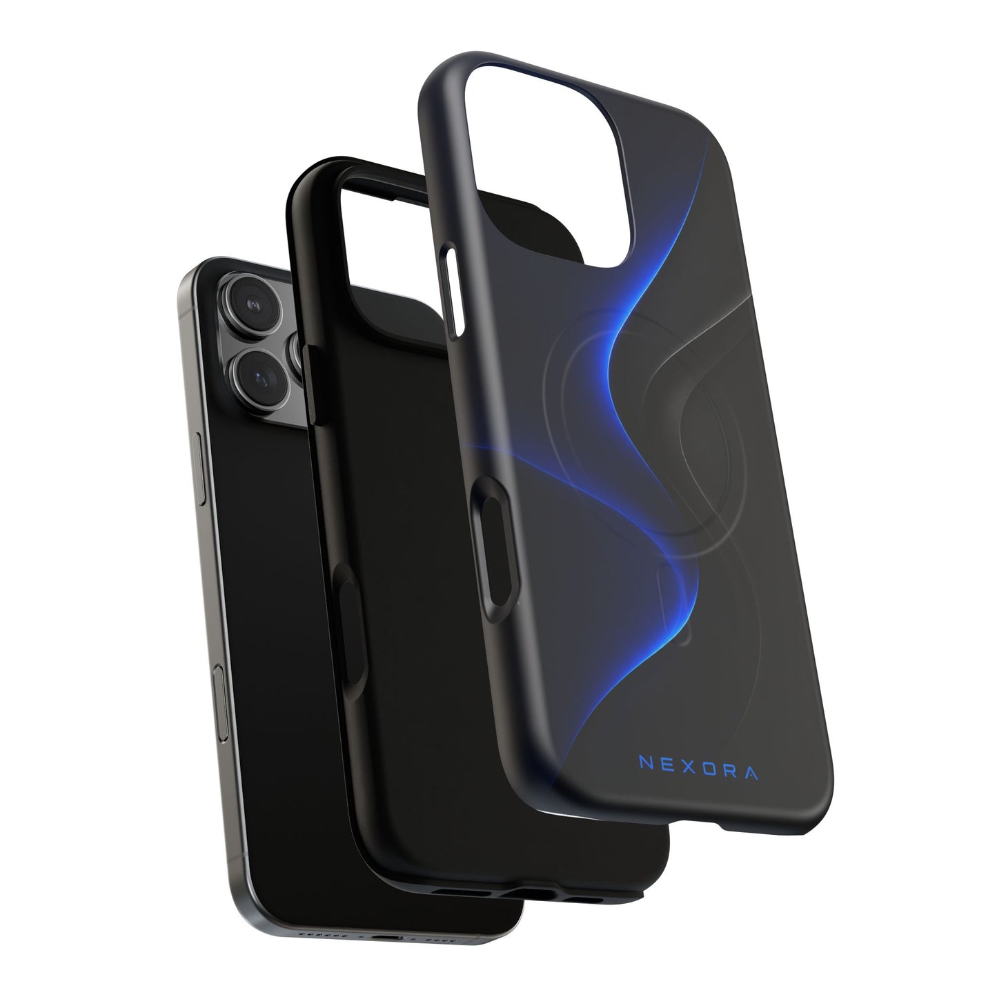 Magnetic Tough Phone Case — Shockproof Gloss Black with Blue Wave Design