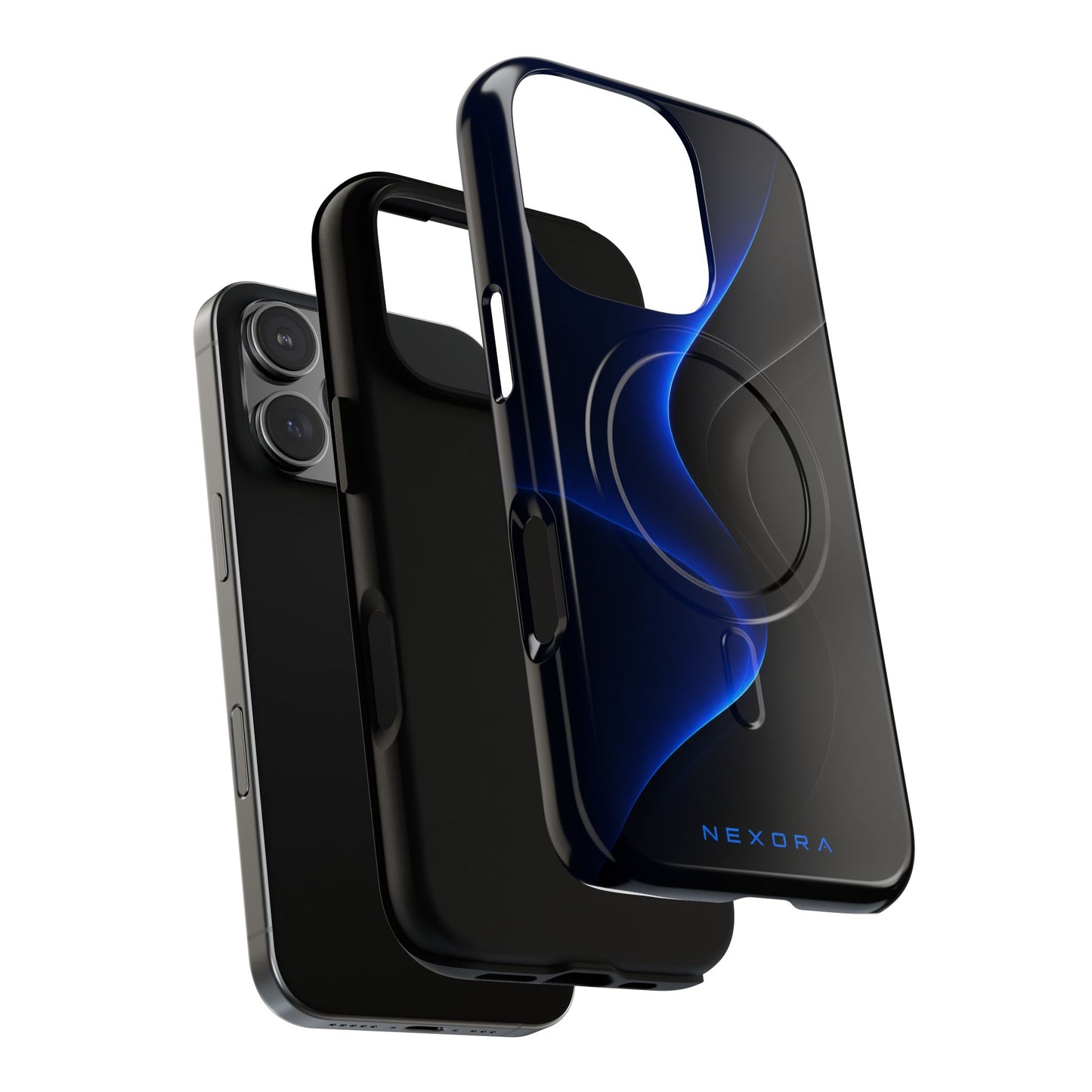 Magnetic Tough Phone Case — Shockproof Gloss Black with Blue Wave Design
