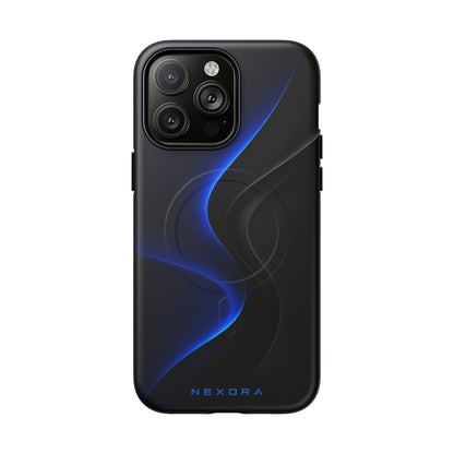 Magnetic Tough Phone Case — Shockproof Gloss Black with Blue Wave Design