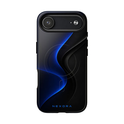 Magnetic Tough Phone Case — Shockproof Gloss Black with Blue Wave Design