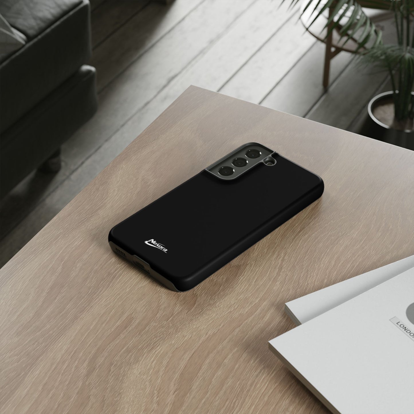 Nexora Black Tough Phone Case – Protective Slim Armor with Logo