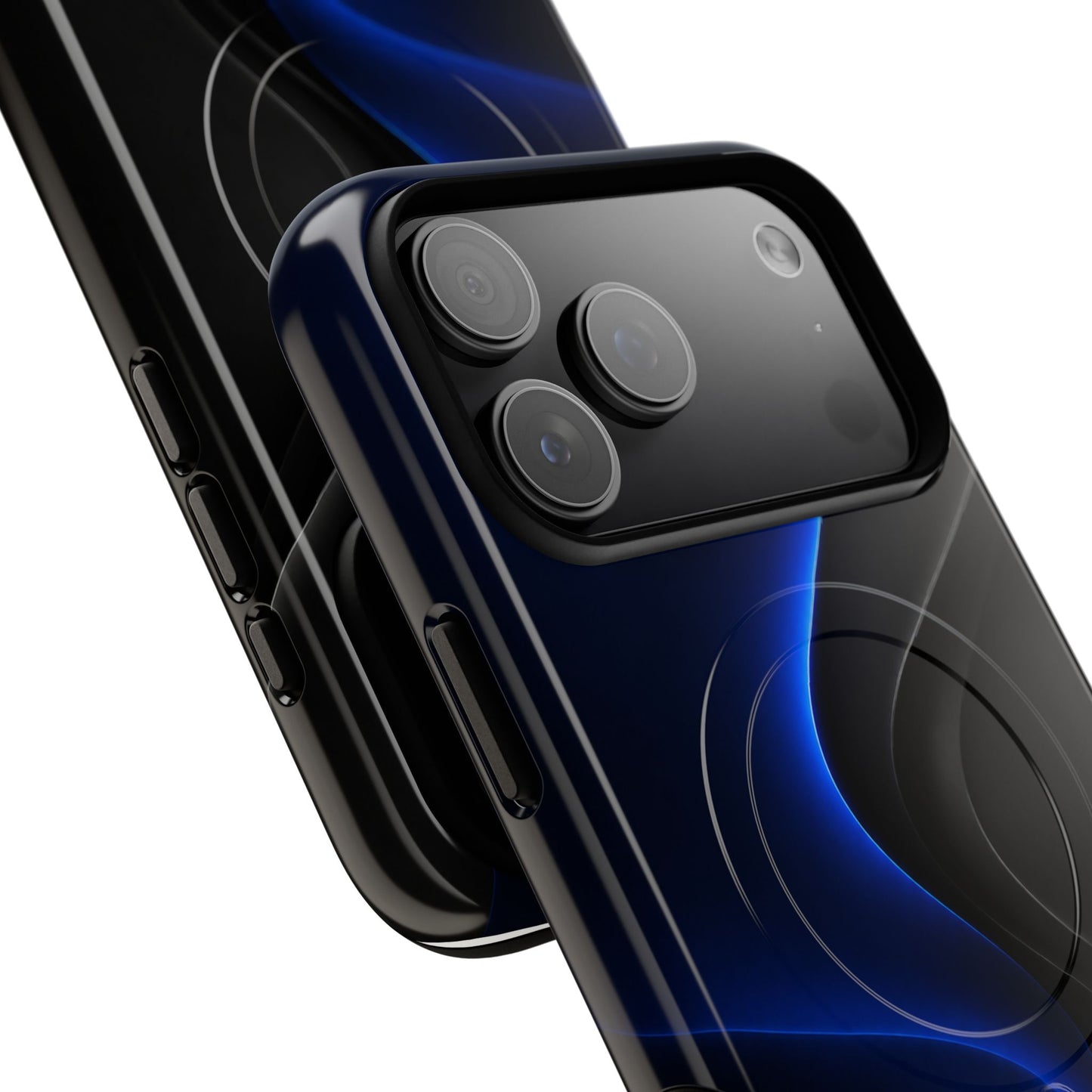 Magnetic Tough Phone Case — Shockproof Gloss Black with Blue Wave Design