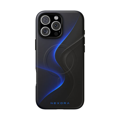 Magnetic Tough Phone Case — Shockproof Gloss Black with Blue Wave Design
