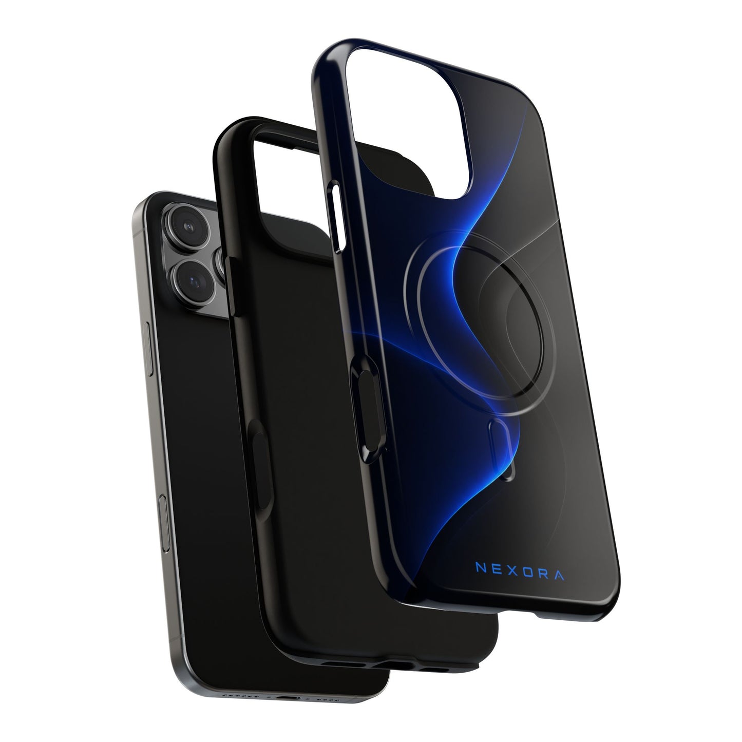Magnetic Tough Phone Case — Shockproof Gloss Black with Blue Wave Design