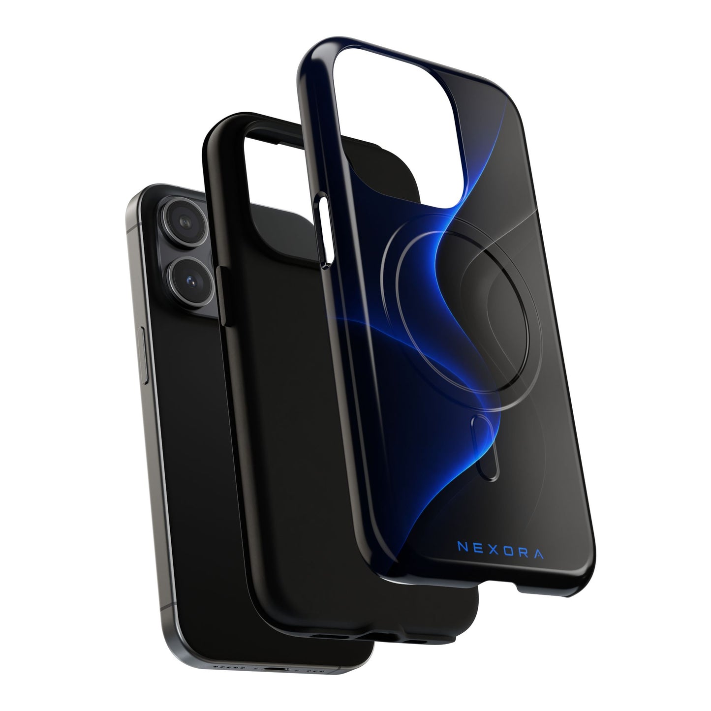 Magnetic Tough Phone Case — Shockproof Gloss Black with Blue Wave Design