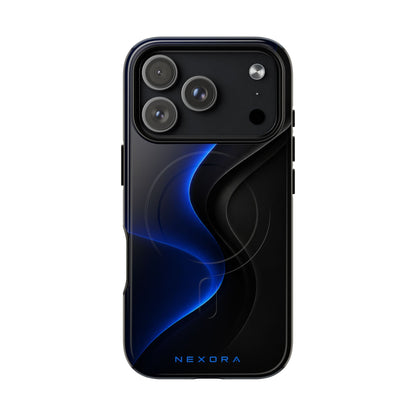 Magnetic Tough Phone Case — Shockproof Gloss Black with Blue Wave Design