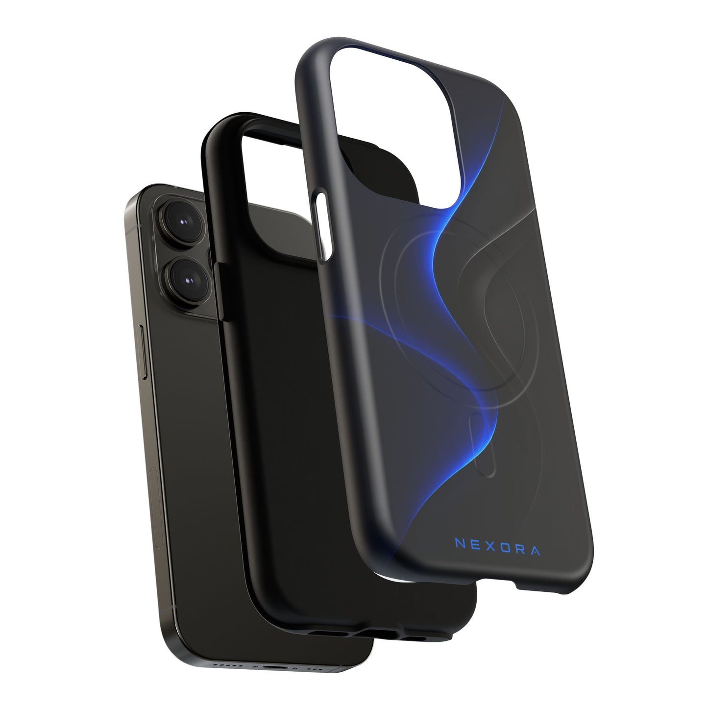 Magnetic Tough Phone Case — Shockproof Gloss Black with Blue Wave Design