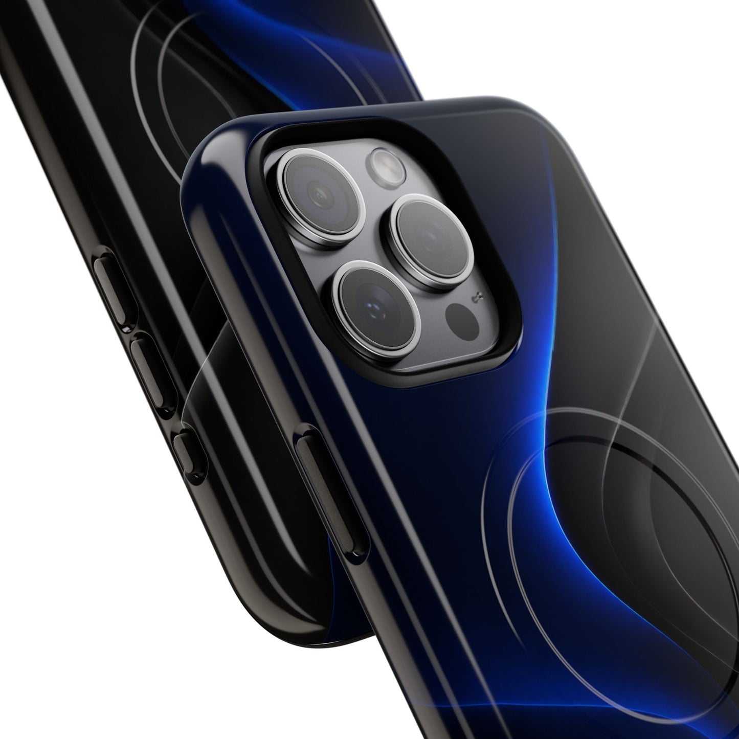 Magnetic Tough Phone Case — Shockproof Gloss Black with Blue Wave Design