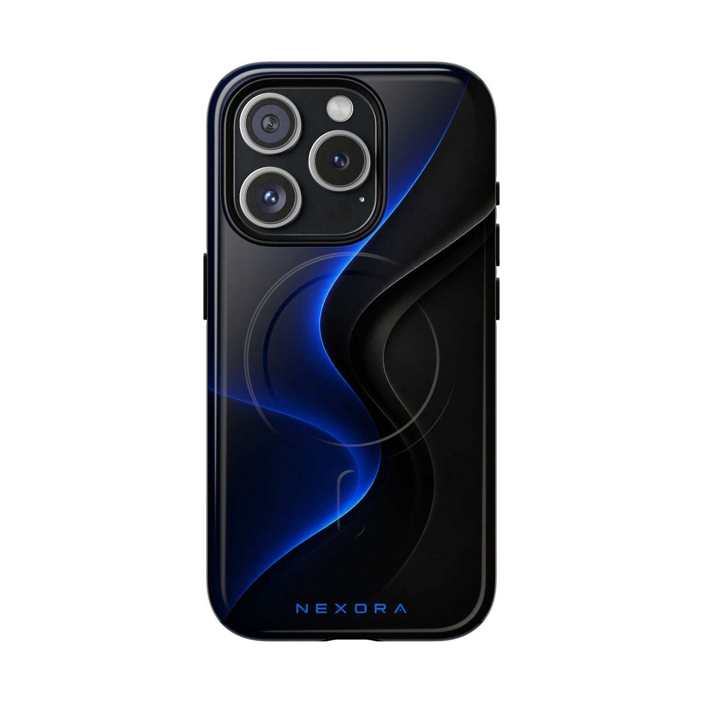 Magnetic Tough Phone Case — Shockproof Gloss Black with Blue Wave Design