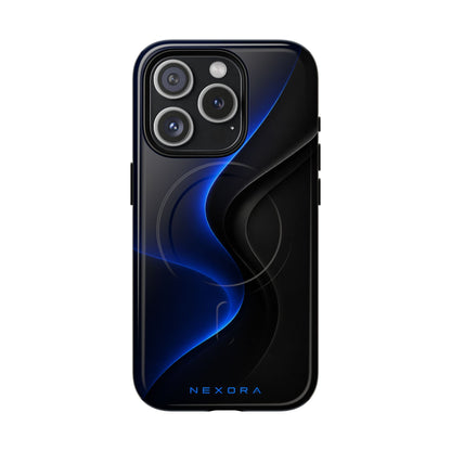 Magnetic Tough Phone Case — Shockproof Gloss Black with Blue Wave Design